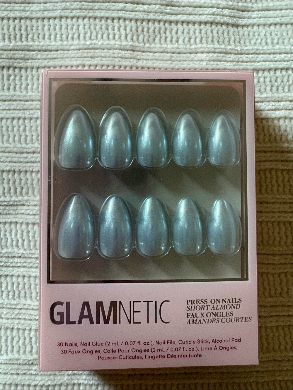 New GLAMNETIC Press-On Short Almond Nails in Iridescent Blue. Something Blue